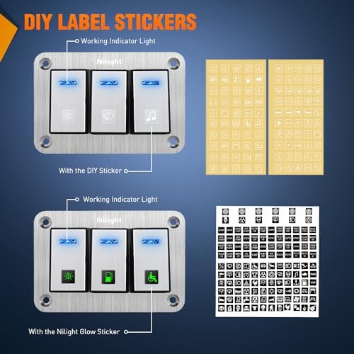 Nilight 3 Gang Rocker Switch Panel 3 Pin On Off Pre-Wired Blue LED