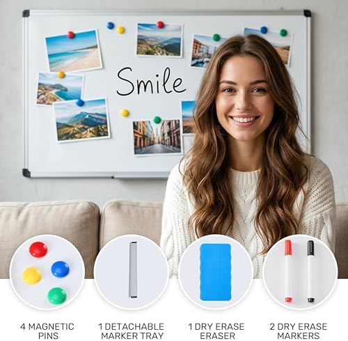 Simple Deluxe Magnetic Dry Erase Board 48" x 24" Whiteboard, 1 Dry Eraser & 2 Multicolor Markers & 4 Magnetic Pins, Silver Reinforced Aluminum Frame for Home, School, Office