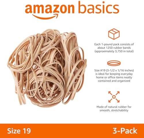Amazon Basics Rubber Bands, Office Supplies, Size 19 (3-1/2 x 1/16 Inch), Stretchy, 1250 Bands/1 lb. Pack, 3-Pack, Tan