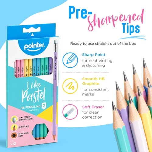 Pointer Pastel HB Pencils with Soft Eraser, Hexagonal Body, Pre-Sharpened, Assorted Colors, 12 Count