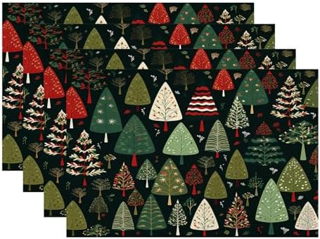 Batmerry Christmas New Year Linen Placemats Set of 4, Christmas Tree Cartoon Black Background Washable Table Mats for Kitchen Table Thickened Heat Insulation Dining Set Indoor Outdoor 12X18 in
