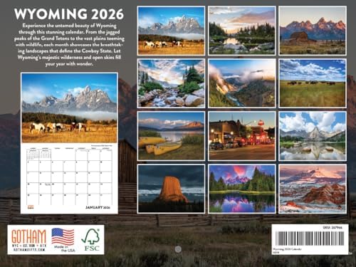Wyoming Calendar 2026 Wall 12 Month Monthly WY Scenic Souvenirs Themed Gifts | American Made In The USA