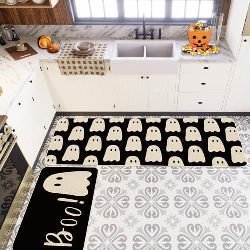 FYSUIMU Halloween Ghost Kitchen Rugs Set of 2 Black Ghost Boo Kitchen Floor Mat Non-Slip Spooky Bathroom Rugs Cute Halloween Kitchen Decor for Party Home, 17 x 29 Inch & 17 x 47 Inch