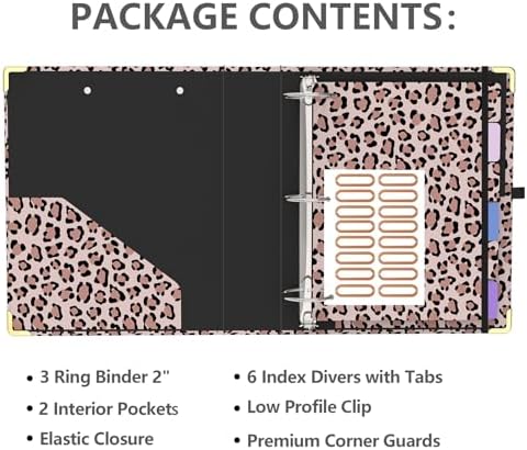 2 Inch 3 Ring Binder, Round Ring Binder with 6 Tab Dividers, 2 Interior Pockets, Cute Binders Clipboard with Storage for Letter-Size, Folders Organizer for School Office, Portfolio (Cheetah Spots)