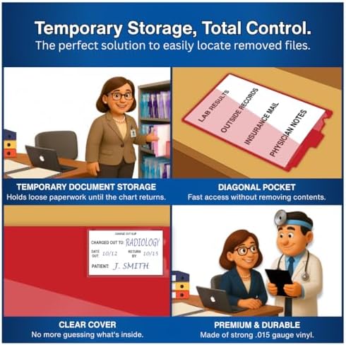 Doctor Stuff - Center Tab Vinyl Outguides, Diagonal Cut Front Pocket, Top Charge Out Slip Pocket, Plastic File Folder, Letter Size 9" x 13-1/4", Red, 25/Box