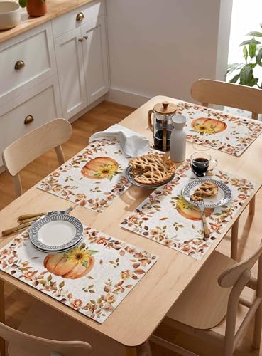 Boho Fall Placemats Set of 6, Thanksgiving Watercolor Pumpkins Heat Resistant Washable Table Place Mats Sunflowers Eucalyptus Table Linens Party Holiday Decor for Home Kitchen Dining Outdoor Indoor,