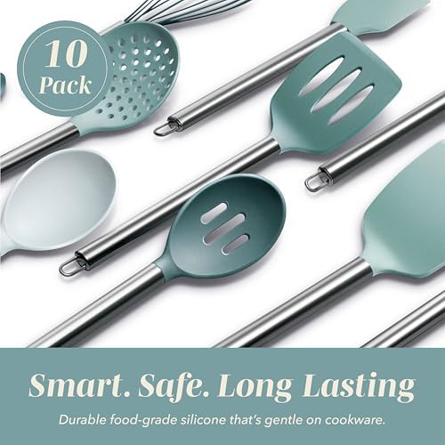 COOK WITH COLOR Silicone Cooking Utensils, Kitchen Utensil Set, Easy to Clean Silicone Kitchen Utensils, Cooking Utensils for Nonstick Cookware, Kitchen Gadgets Set, 10 Pieces, Teal