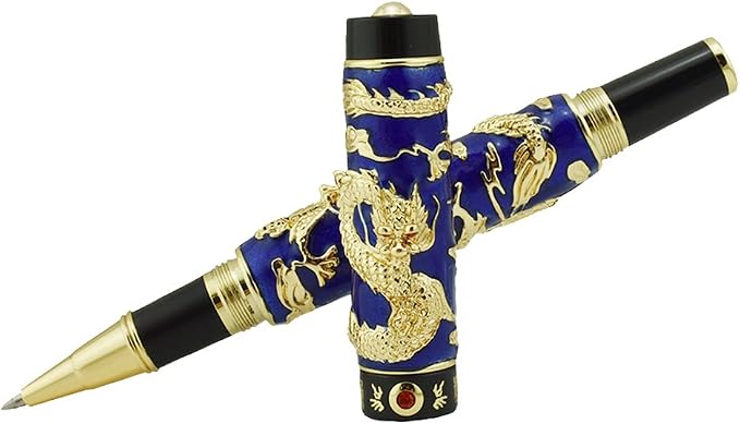 Jinhao Double Dragon Rollerball Pen Blue Cloisonne Enamel Handcraft for Signature and Collection