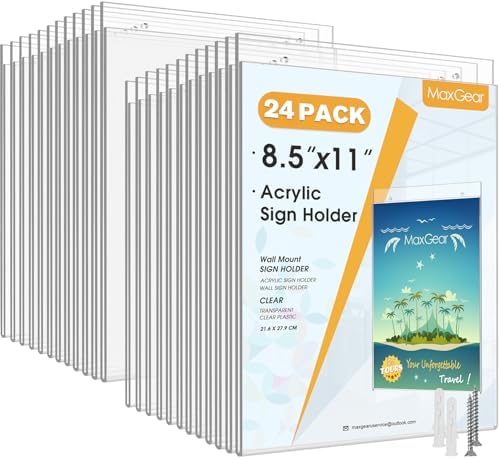 MaxGear Acrylic Wall Mount Sign Holder, 8.5 x 11 Vertical, 24 Pack