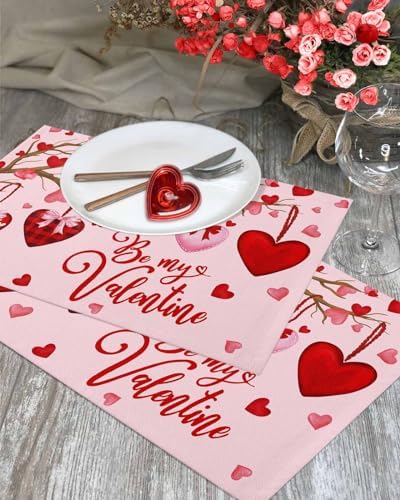 Pink Valentine's Day Placemats Set of 4, Red Love Heart Tree Heat Resistant Washable Table Mats Be My Valentine Cotton Table Linens Party Holiday Decor for Home Kitchen Dining Table Outdoor Indoor