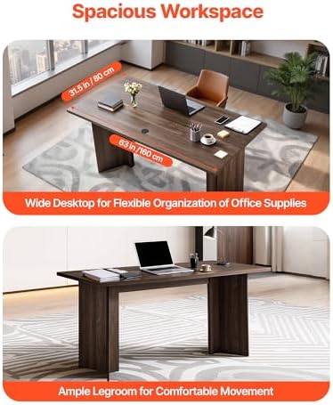 VEVOR 63 in Executive Desk, Large Modern Rectangle Office Table, Heavy Duty Wooden Executive Table with Cable Connection Hole, 250 LBS Load Capacity, Easy Assembly, for Work Study Writing, Walnut