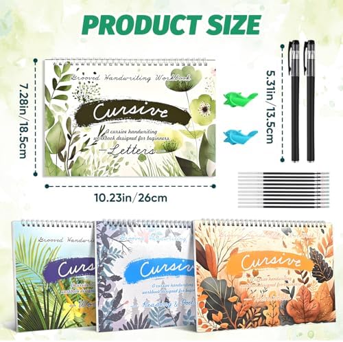 4-Pack Reusable Grooved Cursive Handwriting Workbooks with Disappearing Ink