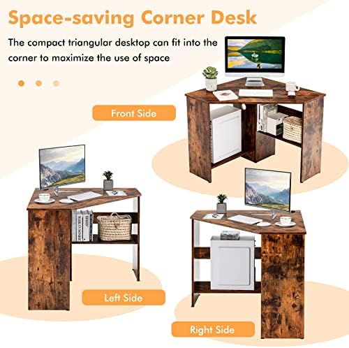 COSTWAY Corner Computer Desk, Space-Saving Triangular Writing Desk w/ 2 Storage Shelves & 2 Cable Holes, Multi-Functional Console Table for Small Space in Home Office, Living Room, Bedroom (Coffee)
