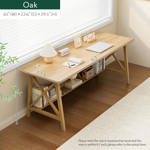 NELYE Extra Long Writing Desk with Bookshelf, 63" Wx24 Dx30 H, Oak