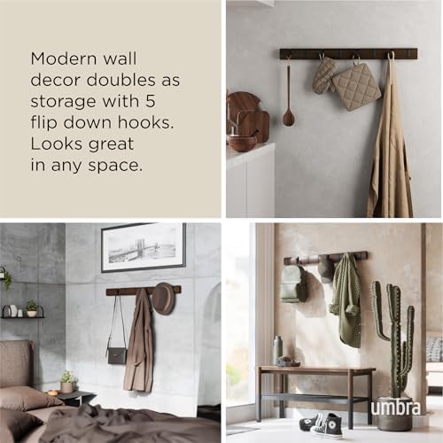 Umbra Flip Coat Rack, Wall Mount 8-Hook, Space Saving, Walnut/Black