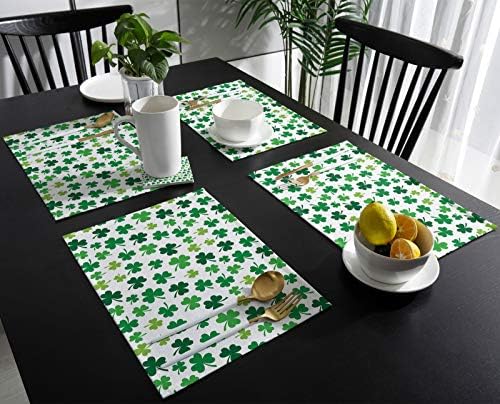 Vandarllin St Patrick's Day Green Shamrocks Clover Placemats Set of 4, Cotton Linen Heat Resistant Table Mats Washable Spring Holidays Decorations for Kitchen Dining Table