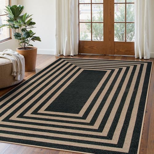 Lahome Modern Geometric Easy Jute Outdoor Rug, 5x7 Patio Living Room Rug
