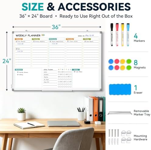 Weekly Dry Erase Calendar Whiteboard with Corkboard, 36" x 24", Silver