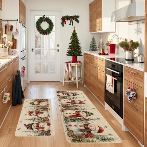 Baccessor Christmas Kitchen Rugs Set of 2 Red Snowman 17x29 and 17x47 Inch