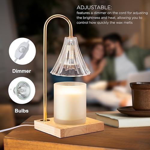 Mikasa 13.8 Inch Electric Candle Warmer with Clear Glass Shade and Dimmer - Flameless Wax Melter Lamp with Halogen Bulb, Wooden Base, Gold Accents for Home Decor and Fragrance