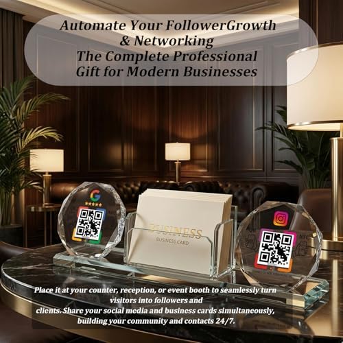 Dual Social Media Crystal Stand with Built-In Business Card Holder & NFC/QR Tech - No App Needed, One-Time Purchase, Lifetime Promotional Desktop Decor for Business (Display GG+ins)