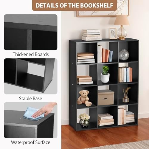 12 Cube Storage Organizer, Storage Shelf Organizer Bookshelf with Open Back, Open Shelf Bookcase, Wood Cubby Closet Cabinet Display Unit with 6 Removable Back Panels for Living Room Bedroom, Black