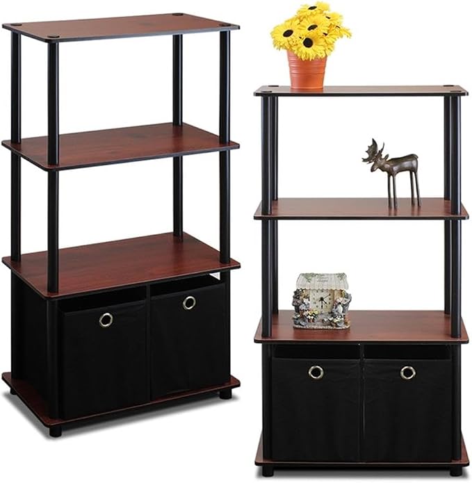 Furinno GO GREEN Storage Shelf Set of 2, 4-Tier Storage Rack with Bins, Book Shelf, Display Rack, with Storage Bins, for Organization and Storage, Living Room, Home Office, Dark Cherry