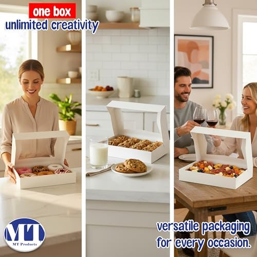 MT Products 12" x 8" x 2.25" White Bakery Boxes with Window (5 Pack) - Auto Pop-Up Paperboard Treat Boxes for Chocolate Covered Strawberries, Cookies, Donuts & Pastries - Made in USA