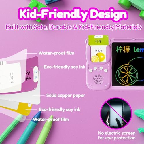 Writing Tablet with Bilingual Flash Cards for Kids, Chinese Pink