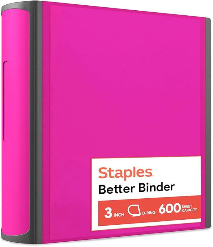 Staples Heavy-Duty 3-Inch D-Ring Binder, Pink, Holds 600 Sheets | Large-capacity 3-ring binder for school and office document storage.