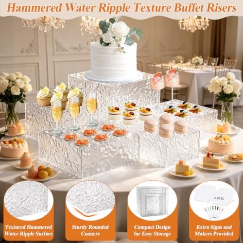Acrylic Buffet Risers with Mini Sign and Maker, Clear Hammered Water Ripple Dessert Display Stands for Catering Cakes Cupcakes Desserts Drinks Décor Acrylic Display Risers Stackable Nesting Storage