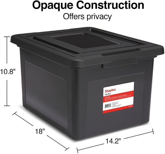Staples Plastic File Box with Snap Lid, Letter/Legal Size, Black, 2/Pk | Stackable storage box keeps hanging files organized and protected.