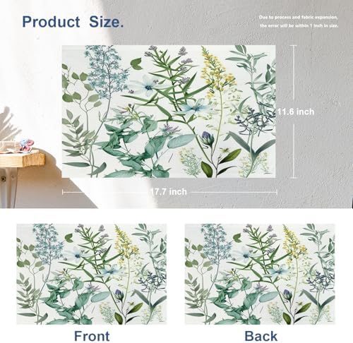 Batmerry Summer Green Sage Linen Placemats Set of 4, Vintage Plant Leaves Elegant Blue Wild Flowers Washable Table Mats for Kitchen Table Thickened Heat Insulation Dining Set Indoor Outdoor 12X18 in