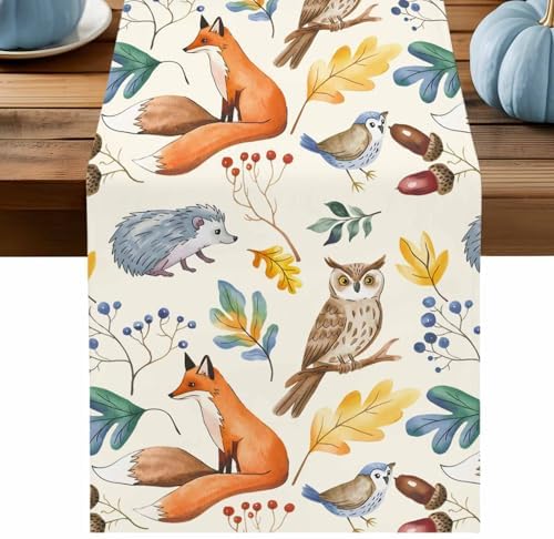 Fall Table Runner Autumn Animal Table Runners Harvest Thanksgiving Owl Bird Fox Leaves Cotton Linen Dresser Scarf Kitchen Dining Table Decor for Autumn Holiday Party Coffee 13x48 Inch