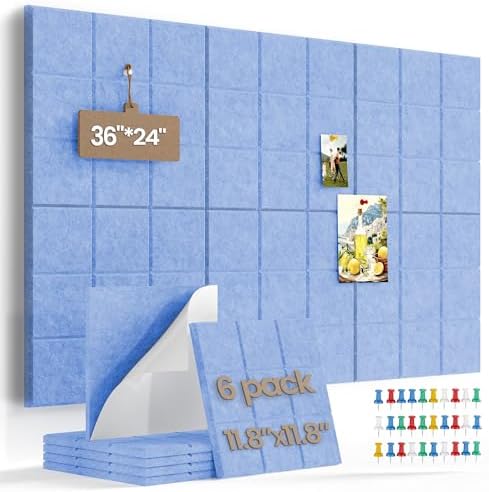 Large Cork Board Felt Board Tiles for Walls with 30 Push Pins, 11.8"x11.8" Pack of 6 Pin Board Notice Boards for Home Office Kitchen, Bulletin Board Wall Tiles for Photos Memos