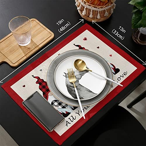 Vandarllin Valentines Day Gnomes Placemats Set of 4,Buffalo Check Plaid Love Hearts Polyester Stain Resistant Table Mats Washable Placemat Decoration for Kitchen Dining Table Rustic Farmhouse