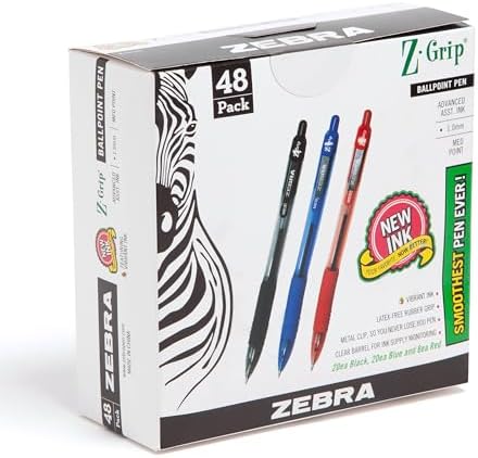 Zebra Pen Z-Grip Retractable Ballpoint Pen, Black, Blue, Red, 1.0mm, 48-Pk