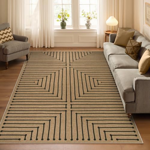 Lahome Neutral Outdoor Rug 5x7, Black and Brown Classroom Easy Jute Rug