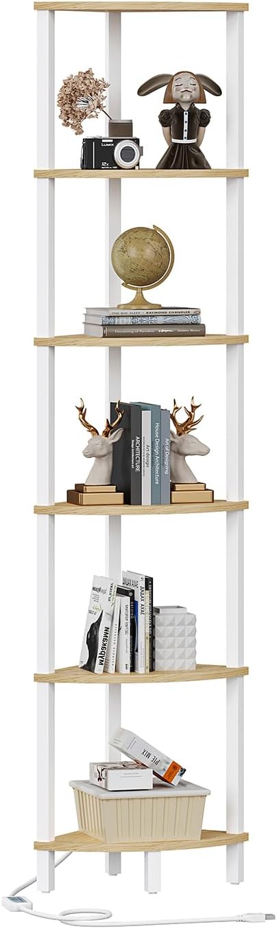 VIMBER 6-Tier Corner Shelf with LED Light, Industrial Corner Ladder Shelf, Rustic Display Shelf for Living Room, Bedroom, Kitchen, Home Office, Sturdy Frame, White and Nature Wood Color UJSJ002Q