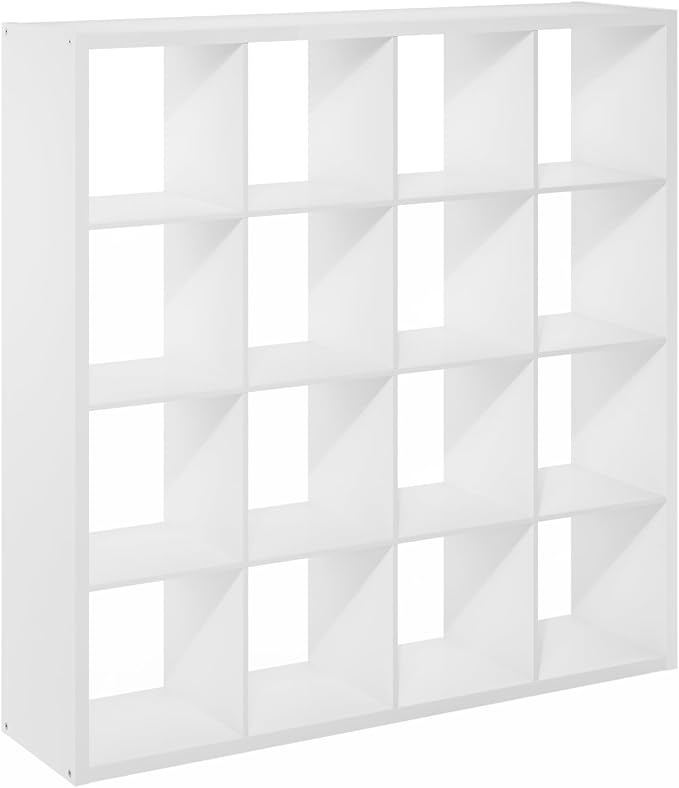 Furinno Cubicle Book Shelf, 16-Cube Bookshelf, Extra Thick Frame Reversible Tall Wide Bookcase with Open Back, 14.6 x 57.8 x 58, for Living Room, Bedroom, Home Office, Plain White