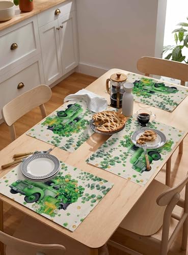 St Patricks Day Placemats Set of 4, Green Shamrock Clover Cotton Linen Table Mats Non-Slip Gold Coins Irish Spring Retro Green Truck Shamrocks Eucalyptus Leaves Placemat for Dining Kitchen Table