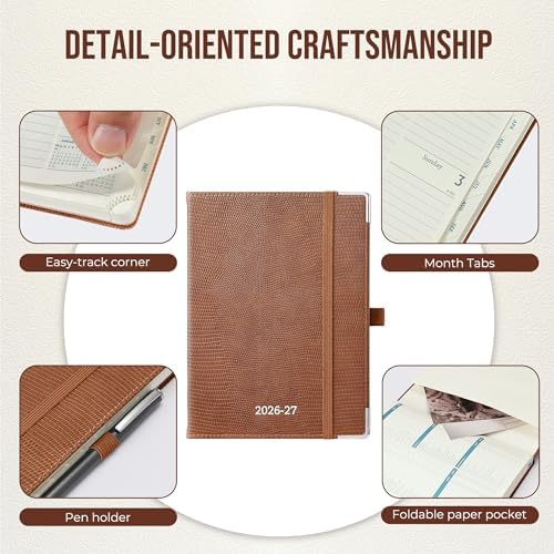 Planner 2026-2027 Weekly & Monthly Planner with Hourly Time Slots, 18 Month Academic Calendar July 2026 – Dec 2027, Vertical Layout, Monthly Tabs, Hardcover Business Agenda, Brown