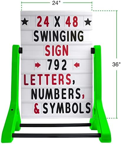 EXCELLO GLOBAL PRODUCTS Swinging Changeable Message Sidewalk Sign: 24" x 36" with 792 Pre-Cut Double Sided Letters and Storage Box. Includes Black Board & Letter Board (Green Color Legs)