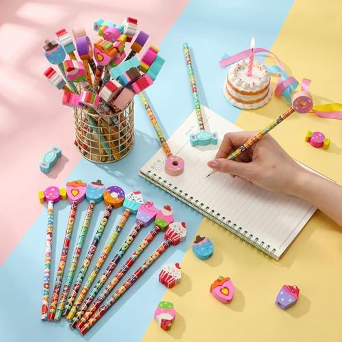 Kosiz 300 Piece Happy Birthday Pencil Party Favor Set, 150 Birthday Pencils with 150 Cake Eraser Toppers, Bulk Game Rewards Prize, Goodie Bag Stuffers, Party Supplies