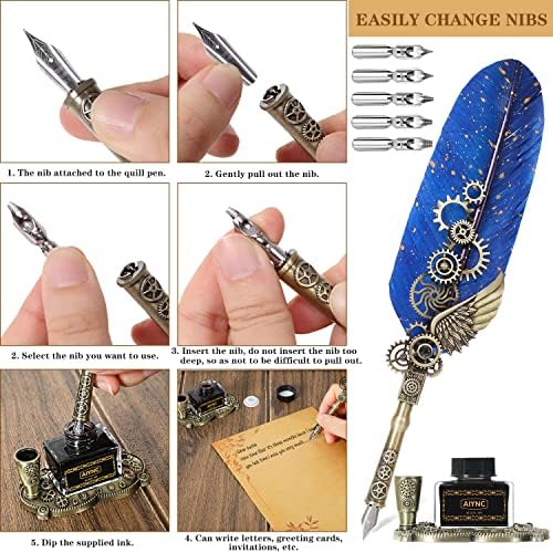 Quill Pen and Ink Set, Feather Pen Ink Set With Quill Pen, Notebook, 5 Replaceable Nibs, Seal Stamp, Spoon, Wax Beads, White Wax, Ink, Pen Holder, Cup, Envelope,Letter Paper,Envelope Tool(Blue)