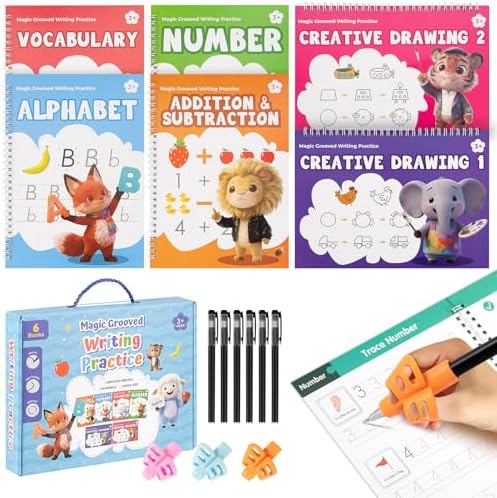 Magic Grooved Writing Practice Books, Reusable 3D Grooved Handwriting Practice for Kids Ages 3-5, Disappearing Ink Pens & Grips, Perfect Educational Gift