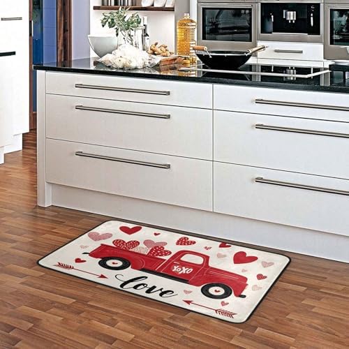 Aslsiy Retro Red Truck Hearts Love (12) Kitchen Rug Kitchen Mats Valentines Floor Comfort Welcome Washable Non Slip Area Rug for Home Decor 39" X 20"