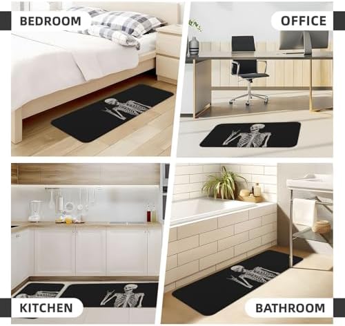 Skull Smile Kitchen Floor Mat Set of 2, Non Slip Rugs Absorbent Mats for Floor Countertop Office Home, Rock and Roll Indoor Outdoor Decor Doormat 17" x 29.5" + 17" x 47"