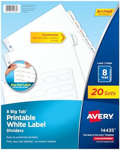 Avery Big Tab™ Printable Label Dividers, 8-Tab, White, 20 Sets