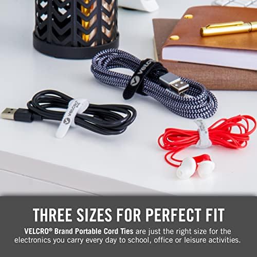 VELCRO Brand Portable Cord Organizer Ties | Organize Headphone Wires, Charging Cables, Power Cords in Backpacks Briefcases and Travel Bags | 3 Sizes and Colors, 12 pcs, 12pk Cord Ties